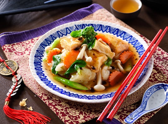 เมนูอาหารเจราดหน้าปลาเต้าซี่เจ