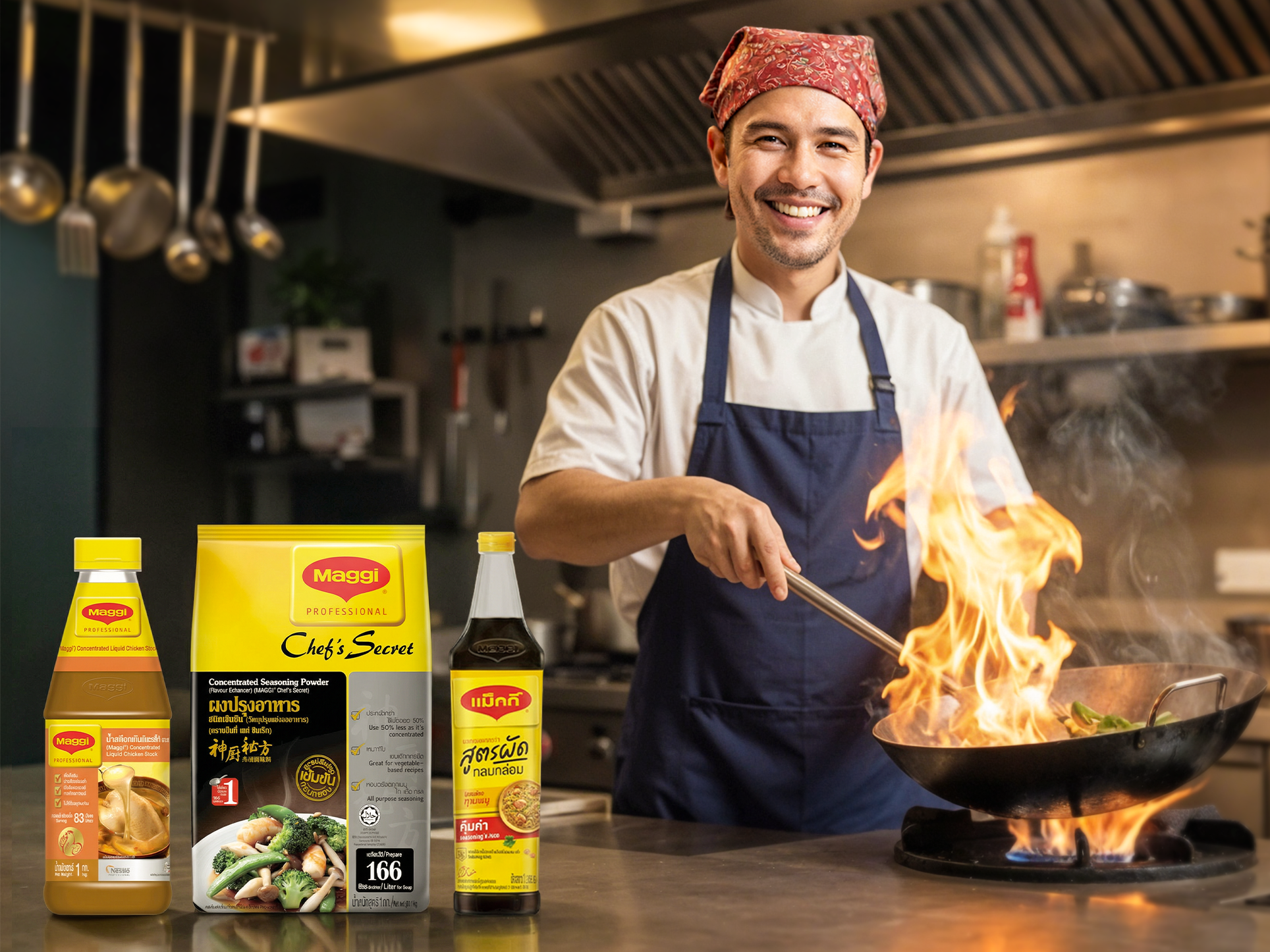 เชฟกำลังผัดอาหารด้วยไฟแรงในครัว
