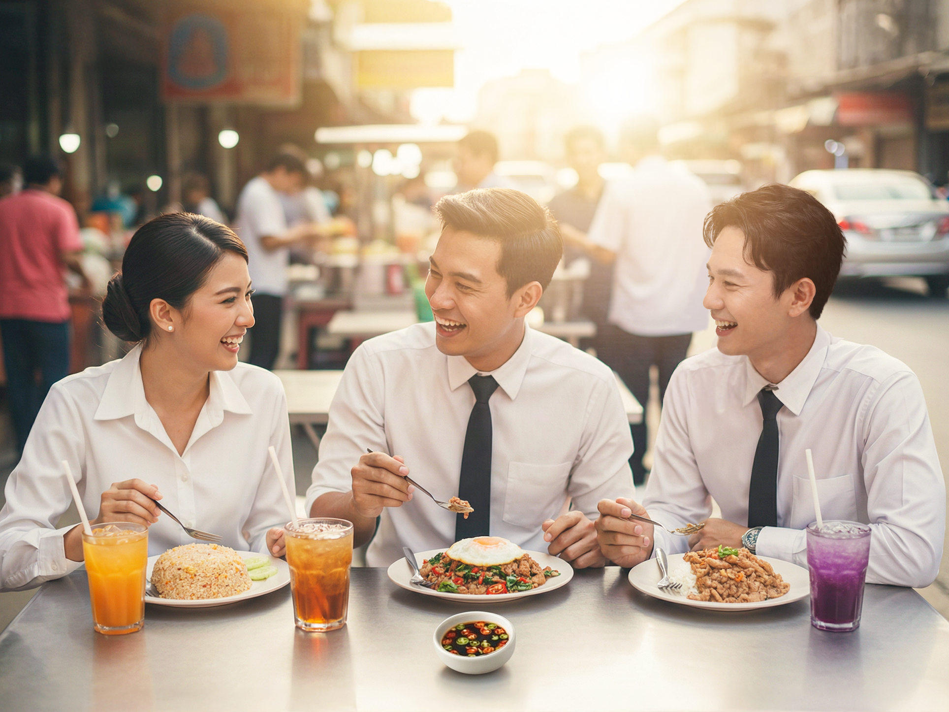 กลุ่มเพื่อนนั่งทานอาหารริมทางร่วมกันอย่างมีความสุข