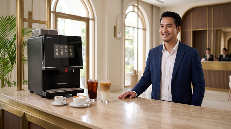  ผู้ชายอยู่ในล็อบบี้โรงแรมกับเครื่องชงกาแฟอัตโนมัติ