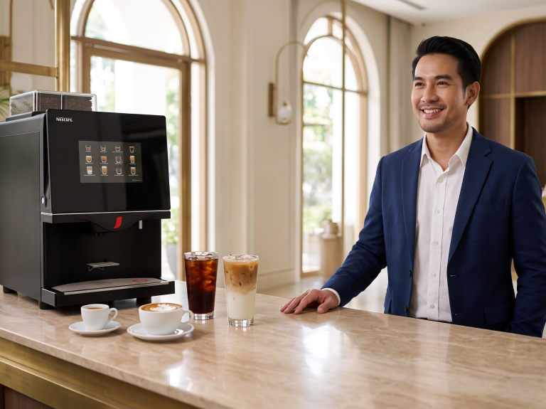  ผู้ชายอยู่ในล็อบบี้โรงแรมกับเครื่องชงกาแฟอัตโนมัติ