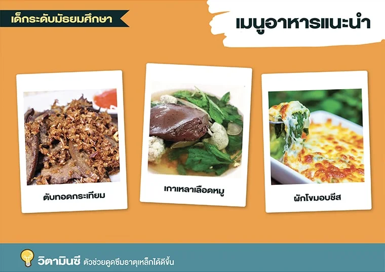 เมนูอาหารแนะนำ เสริมแคลเซียม : นม, ปลาเล็กปลาน้อยทอด, ปลาทูทอด, ผักลวก